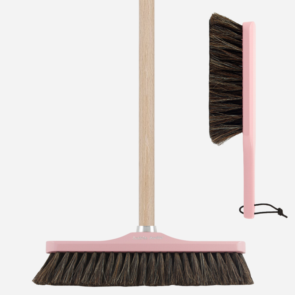 Vintage pink broom with hand brush and hooks